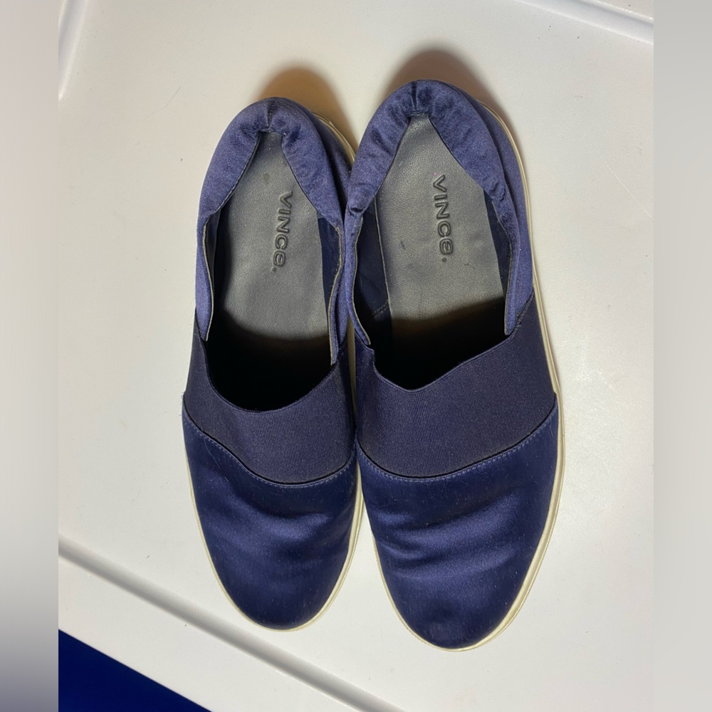 Vince Corbin Navy Satin Slip On Sneakers, size 8